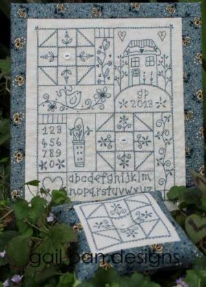 Sampler In Blue Stitchery patterns by Gail Pan Designs