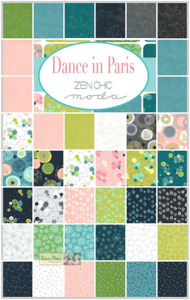 Dance in Paris Mini Charm Square by Chloe's Closet for Moda Fabrics. Applique, patchwork and quilting fabrics.
