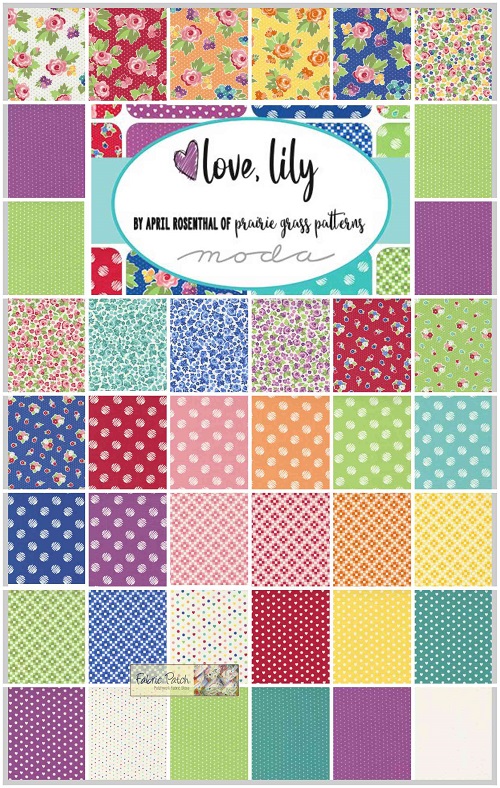 Love Lily Mini Charm Square by April Rosenthal of Prairie Grass Patterns for Moda Fabrics.   Applique, patchwork and quilting fabrics.