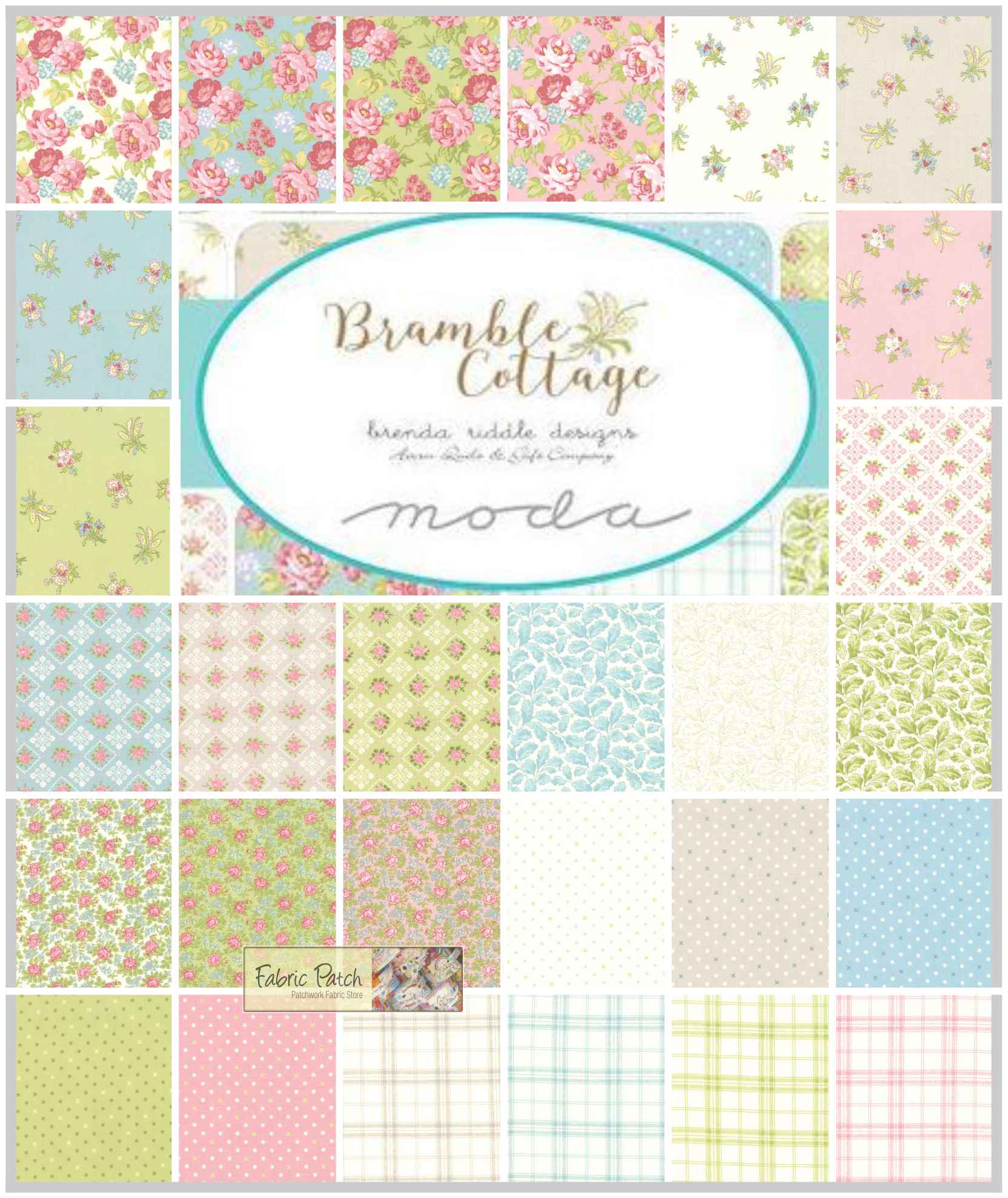 Bramble Cottage Mini Charm Square by Brenda Riddle Designs for Moda Fabrics.   Applique, patchwork and quilting fabrics. 