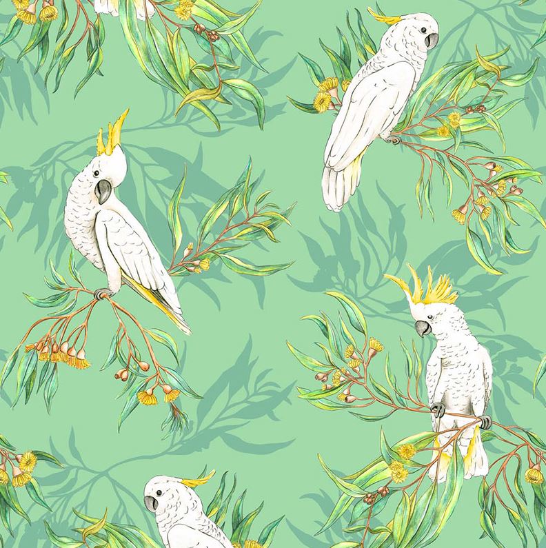 Gumtree Friends 7118B1 Cockatoo Friends Green - Australiana Fabric, Patchwork Quilting Fabric
