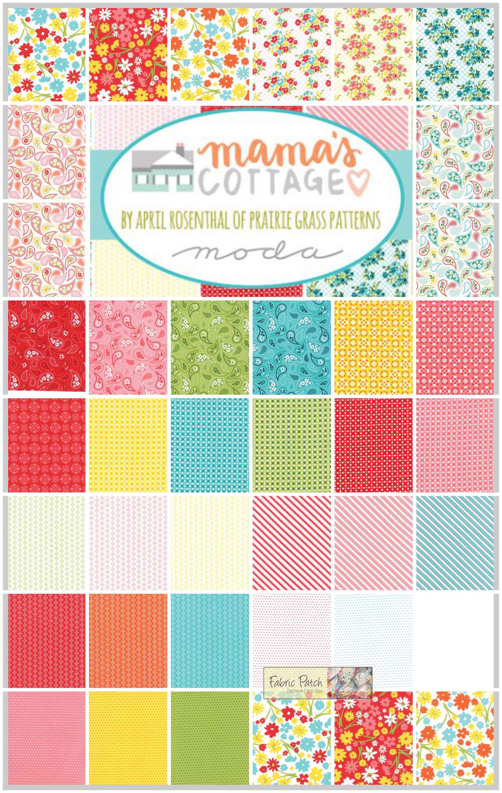 Mamas Cottage Fat Quarter Bundle by April Rosenthal of Prairie Grass Patterns for Moda Fabrics.   Applique, patchwork and quilting fabrics.