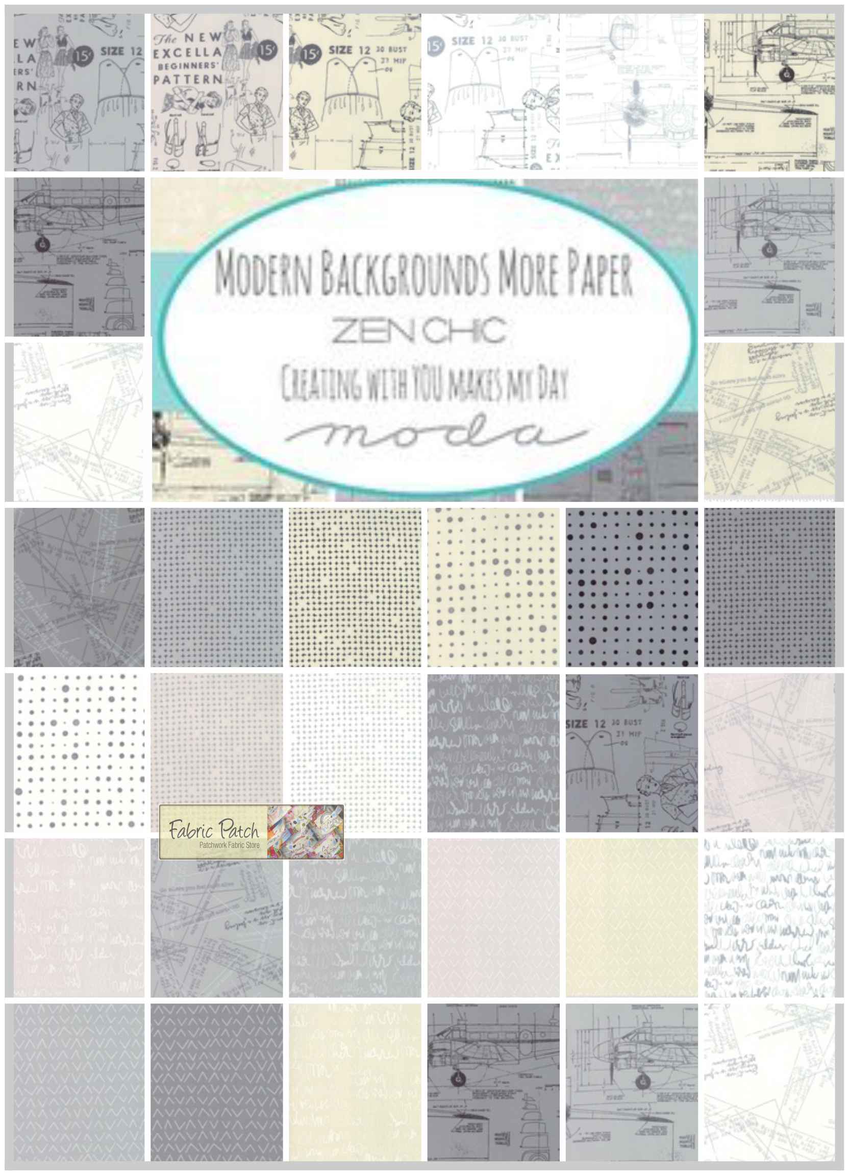 Modern Backgound More Paper Charm Square Applique, patchwork and quilting fabrics by Zen Chic for Moda Fabrics. 