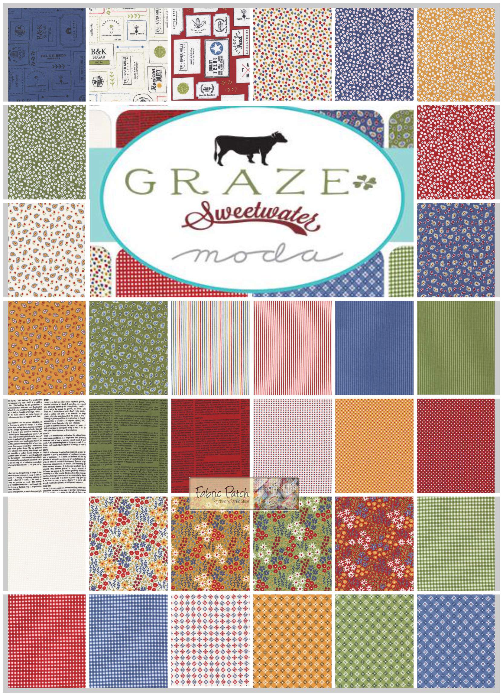 Graze Charm Square Applique, patchwork and quilting fabrics. Range by Sweetwater for Moda Fabrics.