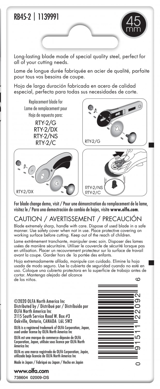 Olfa Endurance Blade RB45H (2 pk) for 45mm Rotary Cutter - Patchwork