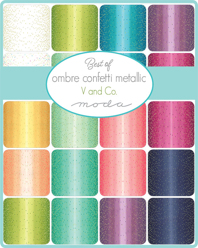 BEST Ombré Confetti Metallic Jelly Roll Applique, patchwork and quilting fabrics. Range by V & Co for Moda Fabrics.