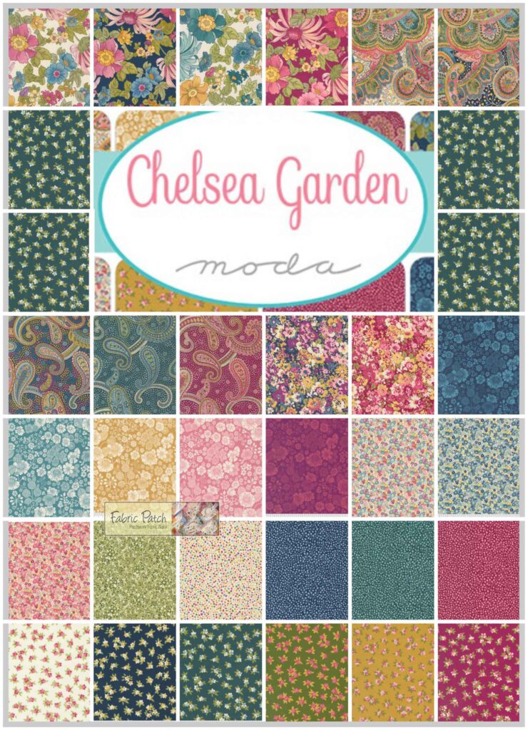 Chelsea Garden Mini Charm Square Applique, patchwork and quilting fabrics. Fabric Collection by Moda Fabrics