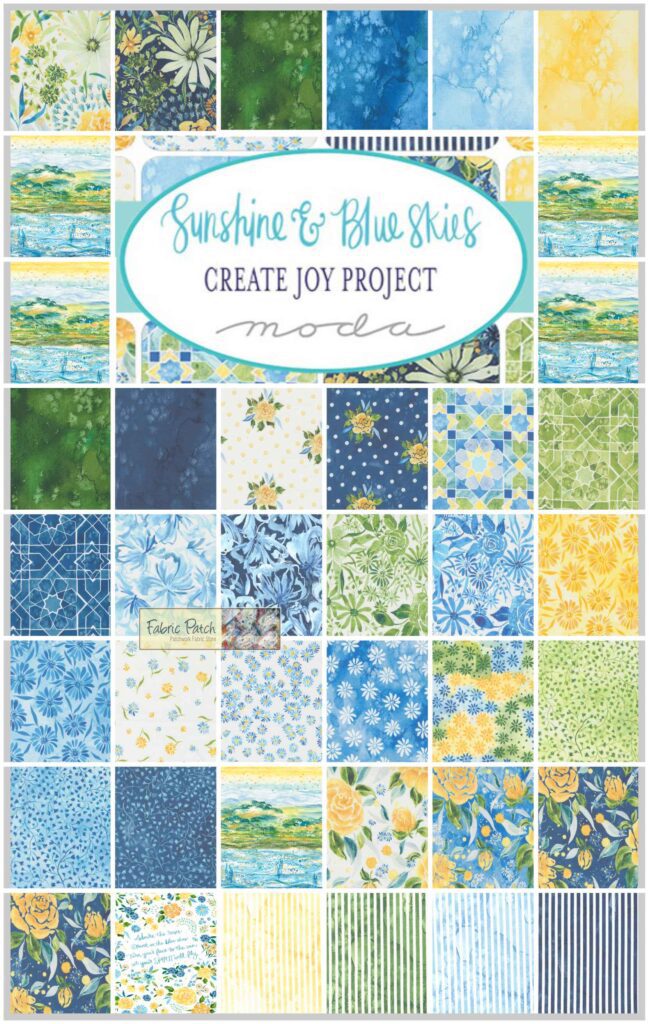 Sunshine & Blue Skies Layer Cake Applique, patchwork and quilting fabrics. Fabric Range by Create Joy Project for Moda Fabrics. 