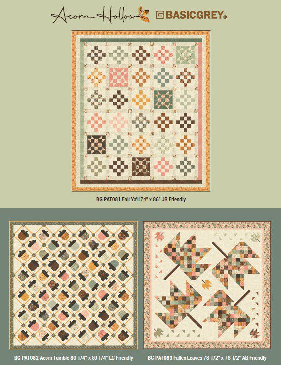 Acorn Hollow Jelly Roll Applique, patchwork and quilting fabrics. Range by Basic Grey for Moda Fabrics.