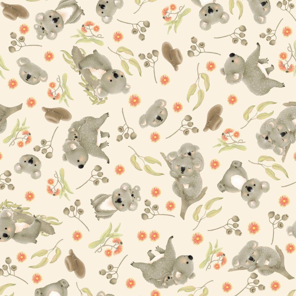 Jen Digital Art DV6771 Allover Koala by Devonstone Collections Applique, patchwork and quilting fabric.