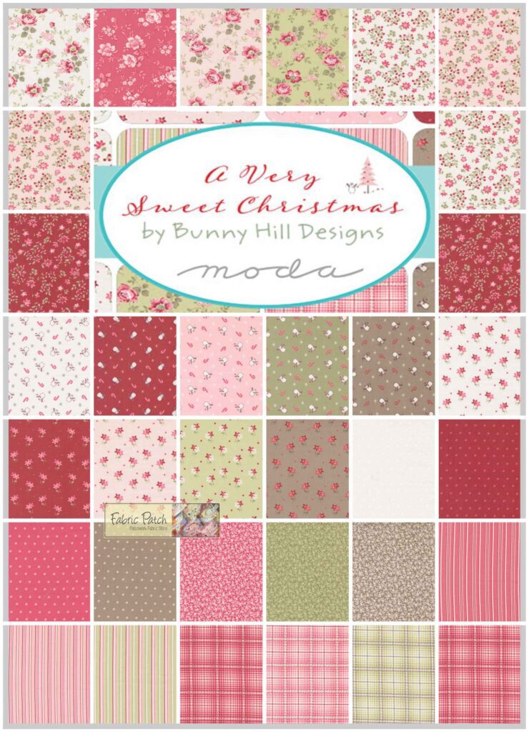 A Very Sweet Christmas Layer Cake Applique, patchwork and quilting fabrics. Range by Bunny Hill Designs for Moda Fabrics.