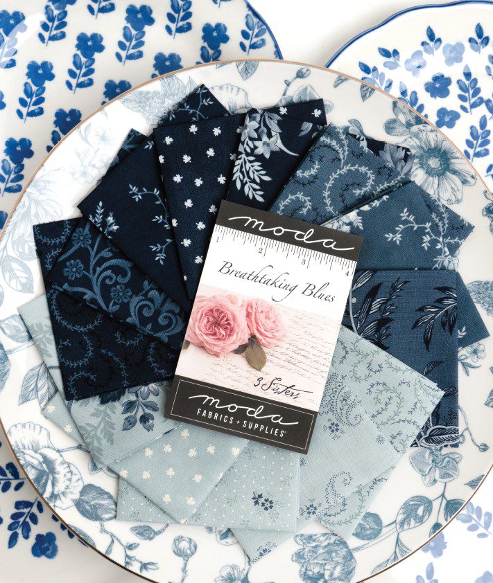 Breathtaking Blues Charm Square Applique, patchwork and quilting fabrics. Fabric Range by 3 Sisters for Moda Fabrics.