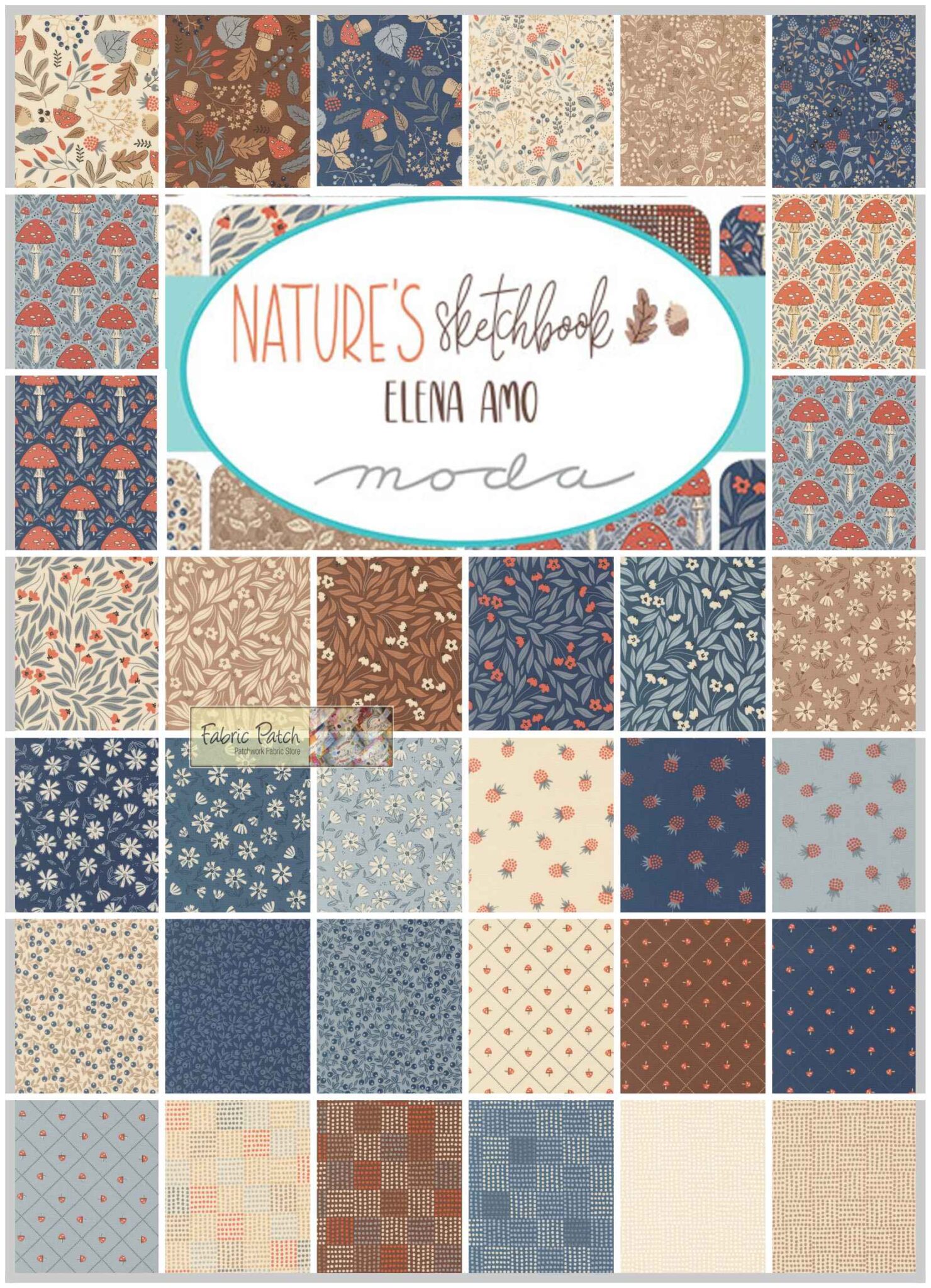 Natures Sketchbook
Applique, patchwork and quilting fabrics.
Range by Eleno Amo for Moda Fabrics.