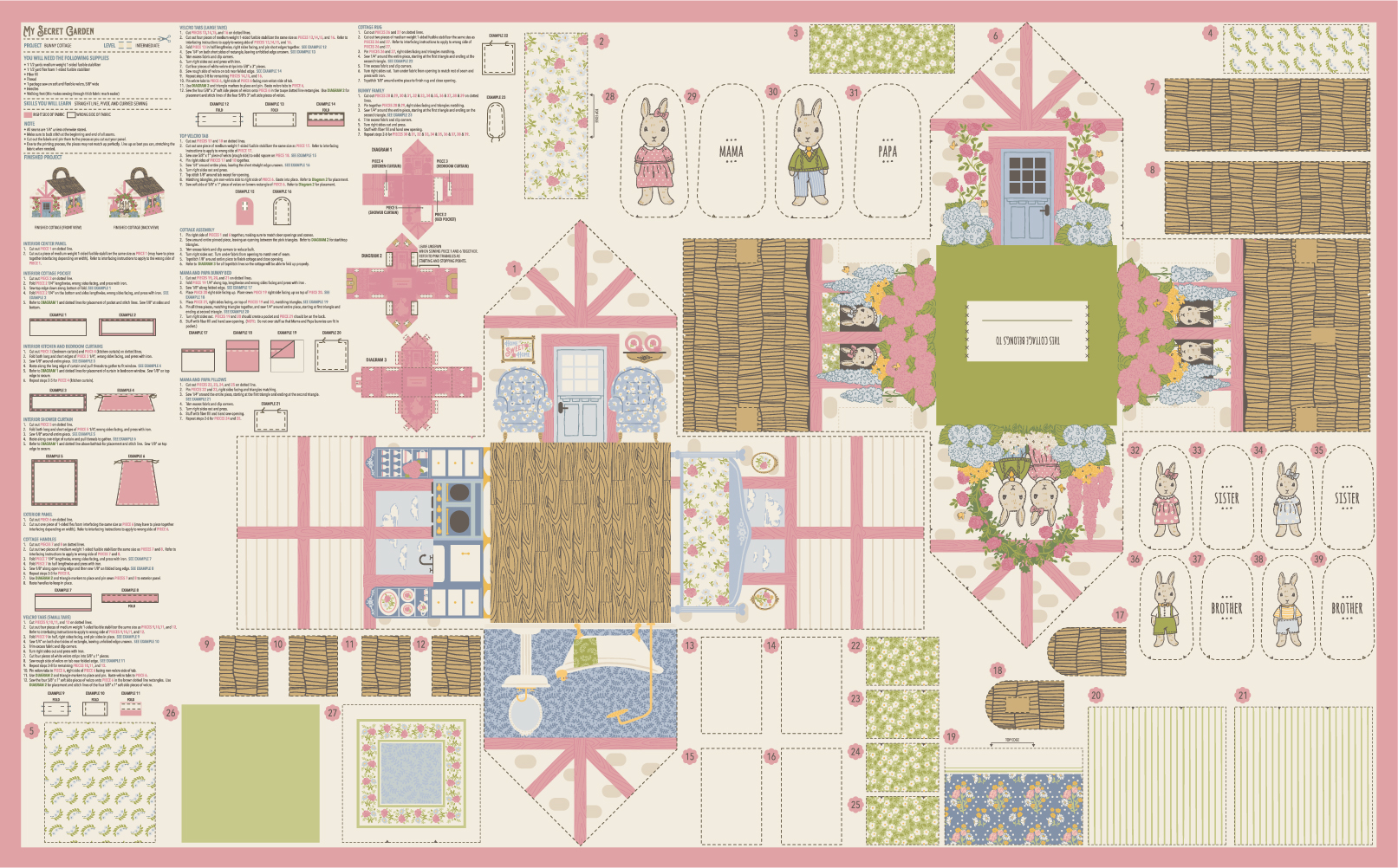 My Secret Garden 20989-11 Garden Bunny Cottage Panel Fabric Collection by Stacy Iest Hsu for Moda Fabrics Applique, patchwork and quilting cotton fabric.