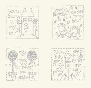Sweet Sentiments Preprinted Stitchery Panel Designed by Natalie Bird for The Birdhouse. Manufactured by Devonstone Designs