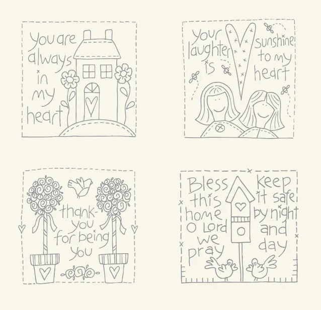 Sweet Sentiments Preprinted Stitchery Panel Designed by Natalie Bird for The Birdhouse. Manufactured by Devonstone Designs