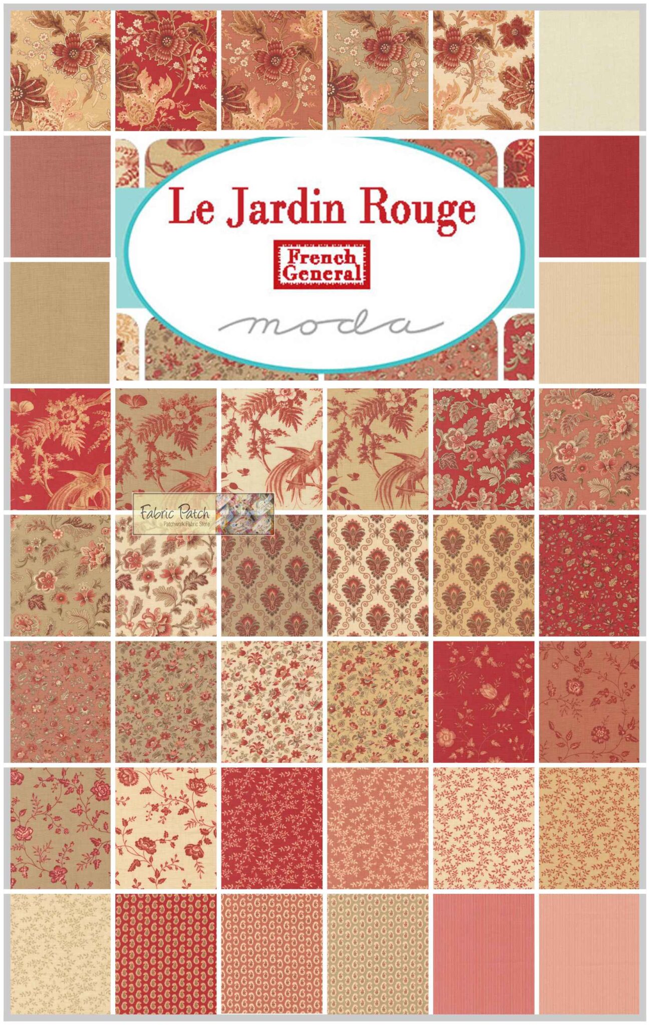 Le Jardin Rouge Applique, patchwork and quilting fabric Range by French General for Moda Fabrics.
